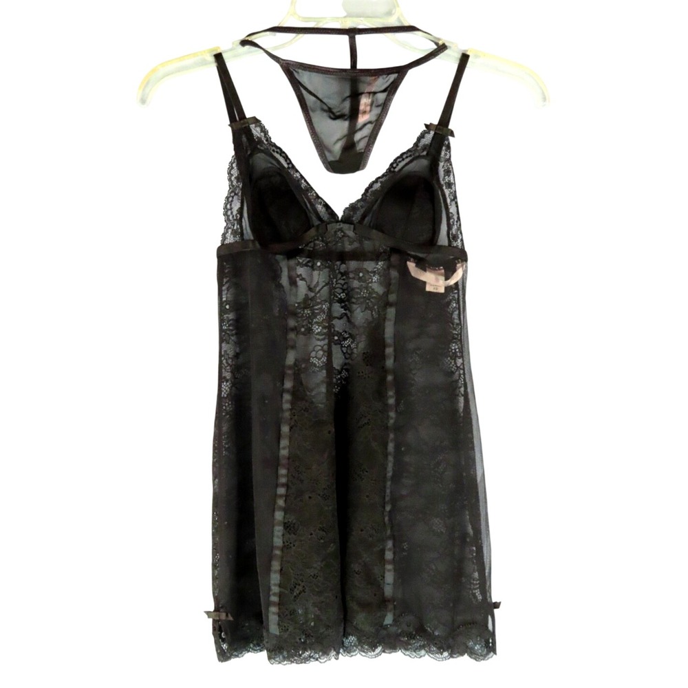 VTG VICTORIA SECRET Black Nightie Coordinating Set BLACK MESH LACE Very Sexy XS